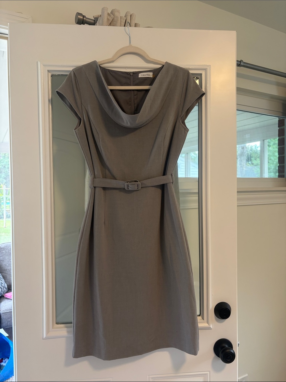 Calvin Klein Steel Gray Cowl-Neck Belted Sheath Dress